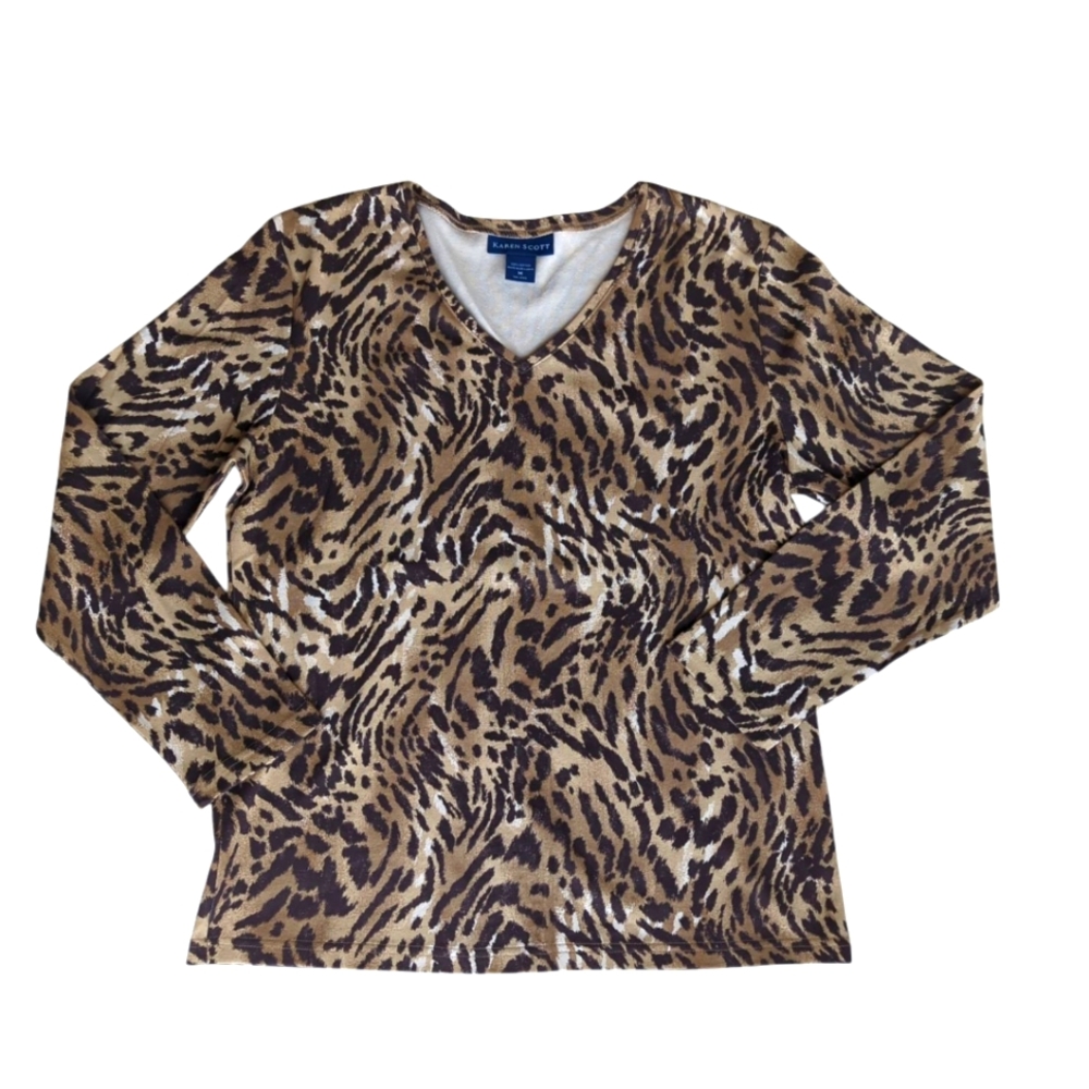 Karen Scott Animal Print Long Sleeve V-Neck Top MEDIUM Tan Brown